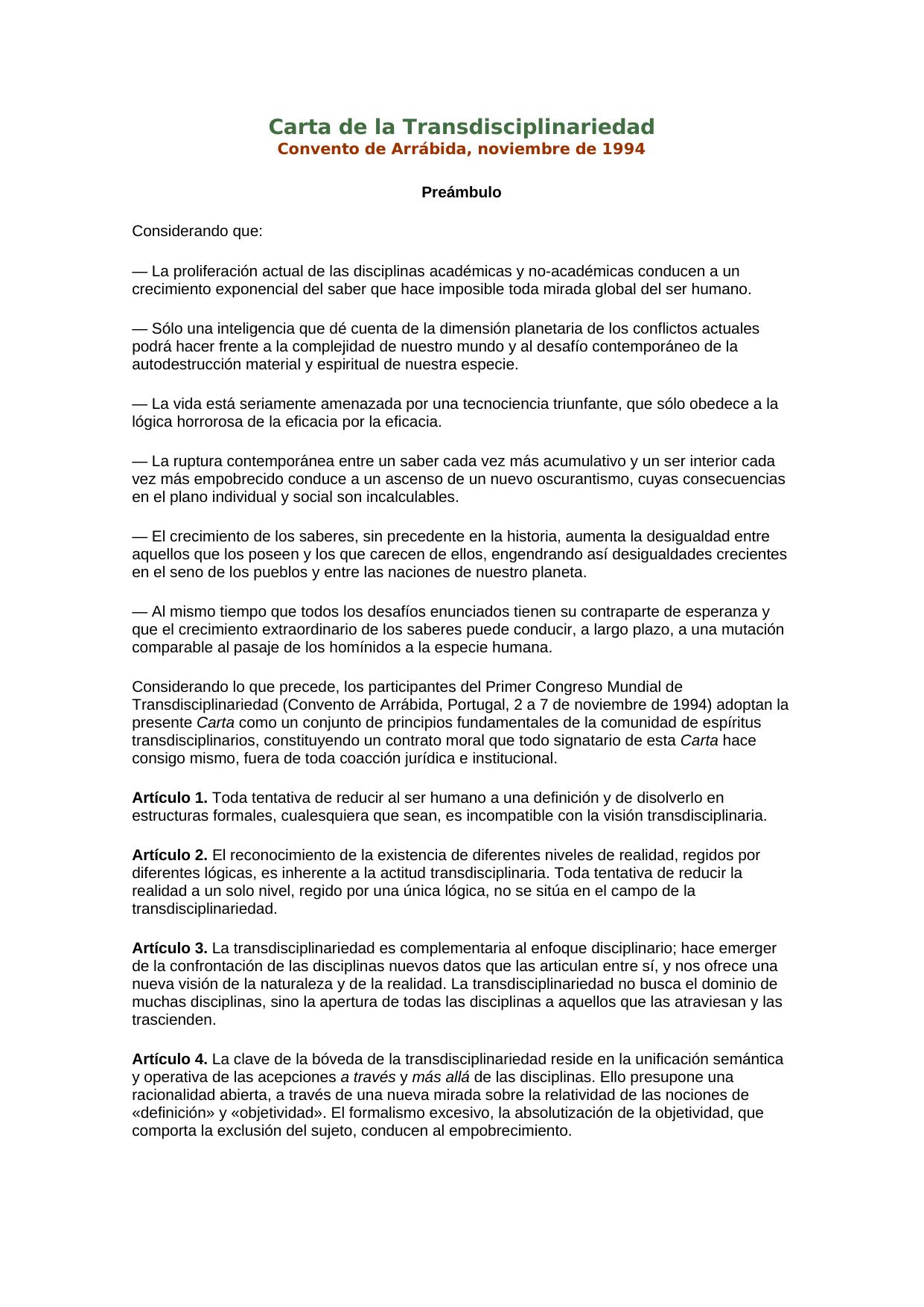 Carta de la Transdisciplinariedad